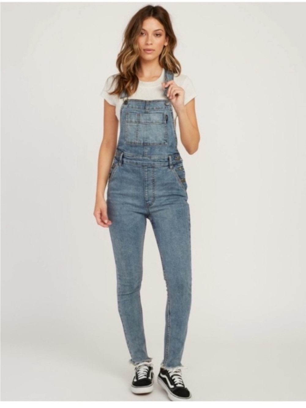 RVCA Mid Wash Slim Denim Overalls in Blue